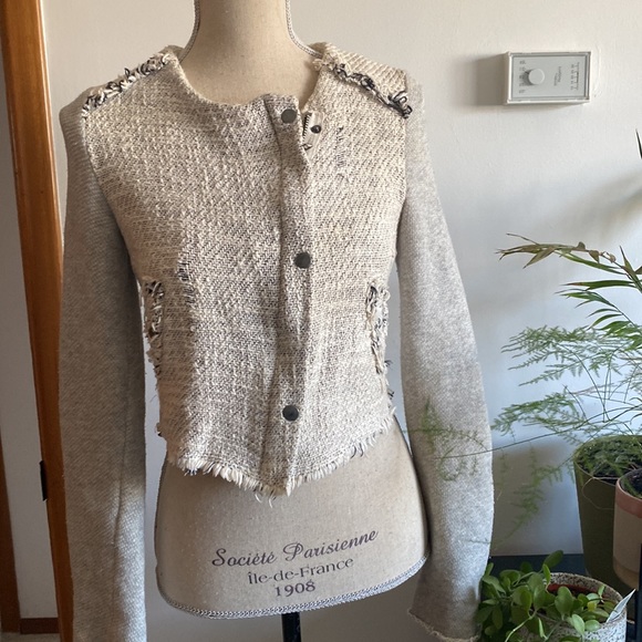 Free People We the Free Cropped Tattered Tweed Grey Moto Long Sleeve Jacket - Picture 2 of 6